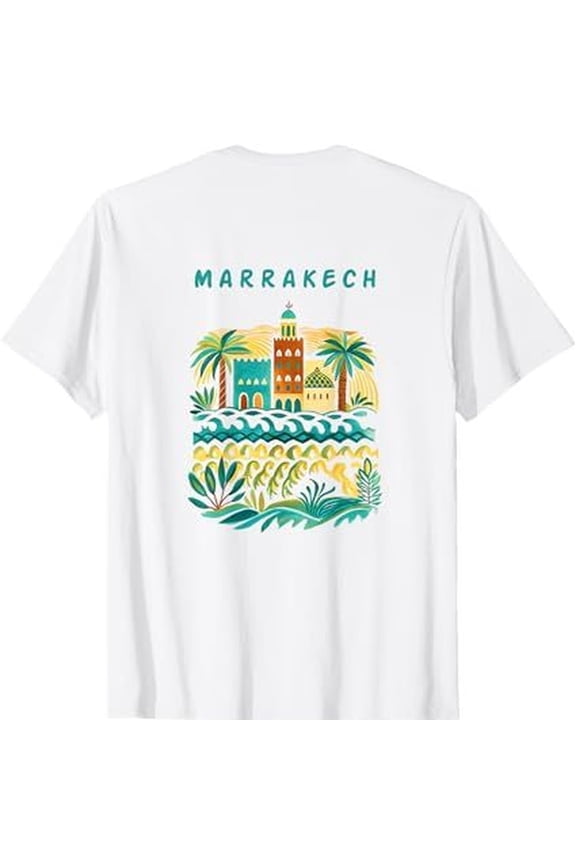Retro Marrakech Morocco Travel Poster Graphic Tee, Short Sleeve White Cotton T-Shirt for Men and Women, Artistic Moroccan City Souvenir Summer Top