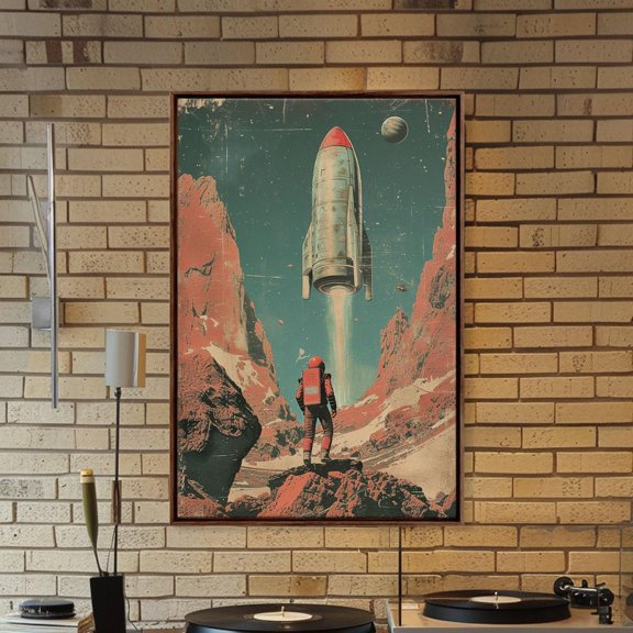 Retro Mars Astronaut Art: Mid-Century Sci-Fi Rocket Poster, Unframed Size 12x18