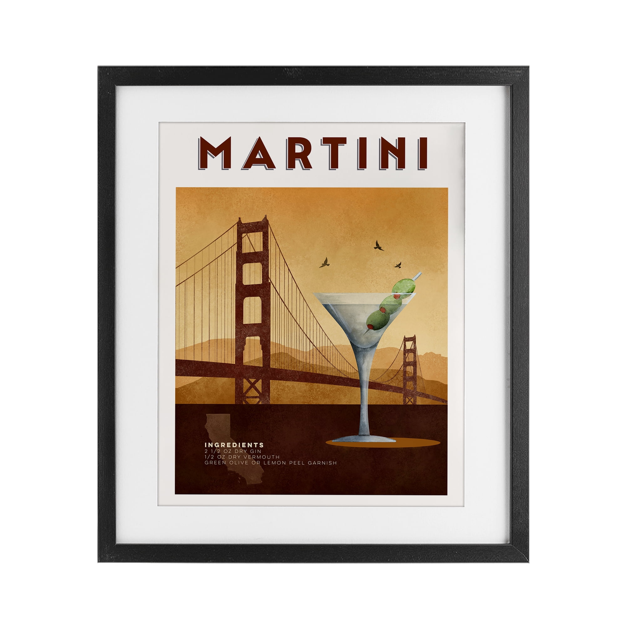 Retro Martini & Bridge View Black Framed Print Under Glass, design by Brett Blumenthal