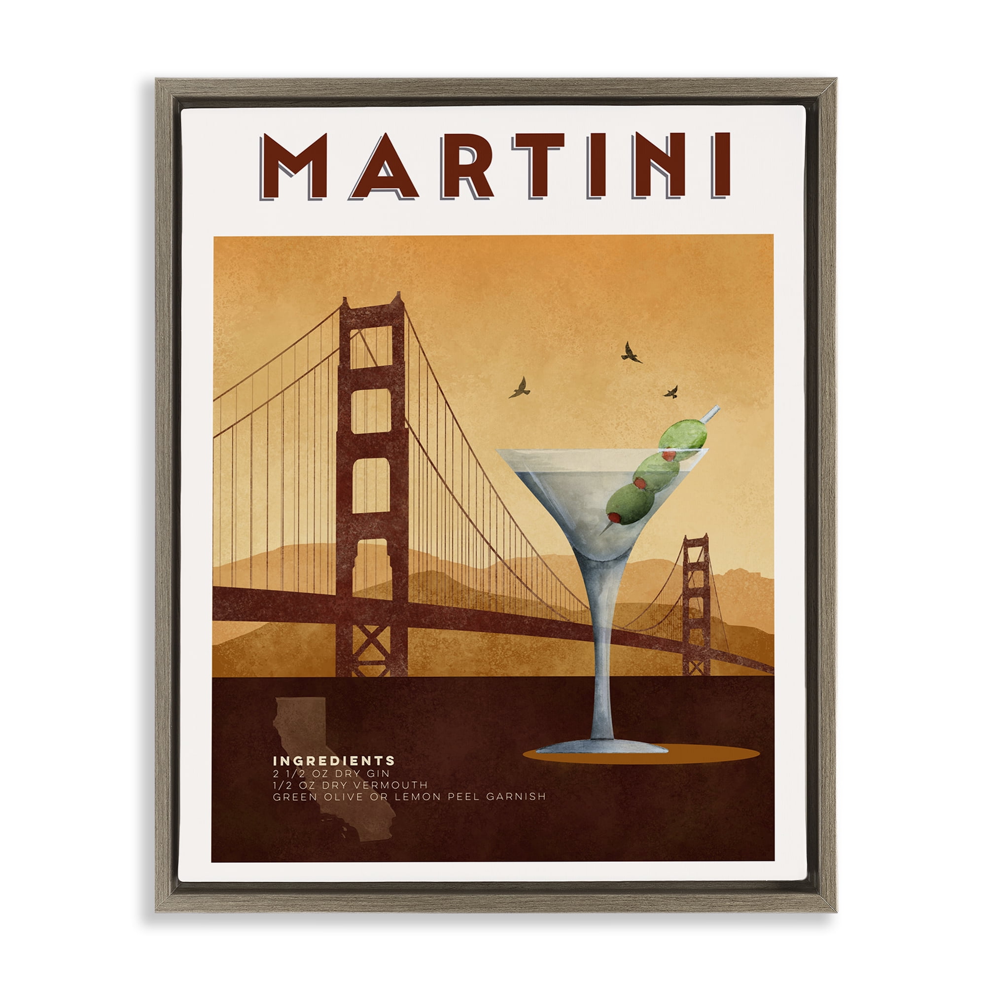 Retro Martini & Bridge View Brown Framed Floater Canvas Wall Art, design by Brett Blumenthal