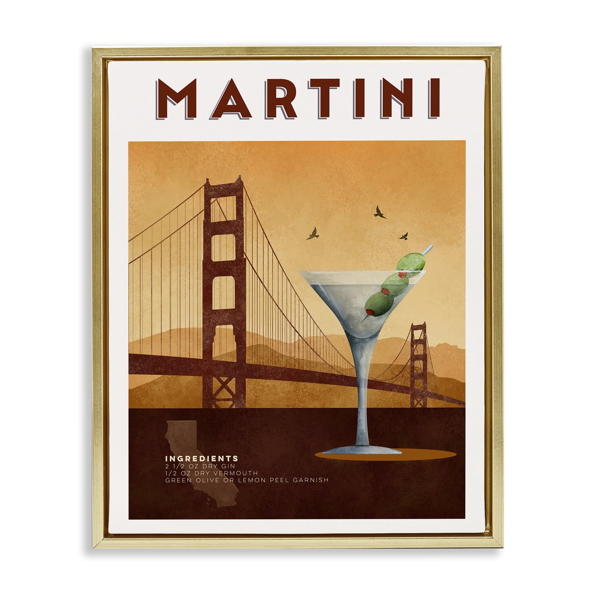 Retro Martini & Bridge View Gold Framed Floater Canvas Wall Art, design by Brett Blumenthal