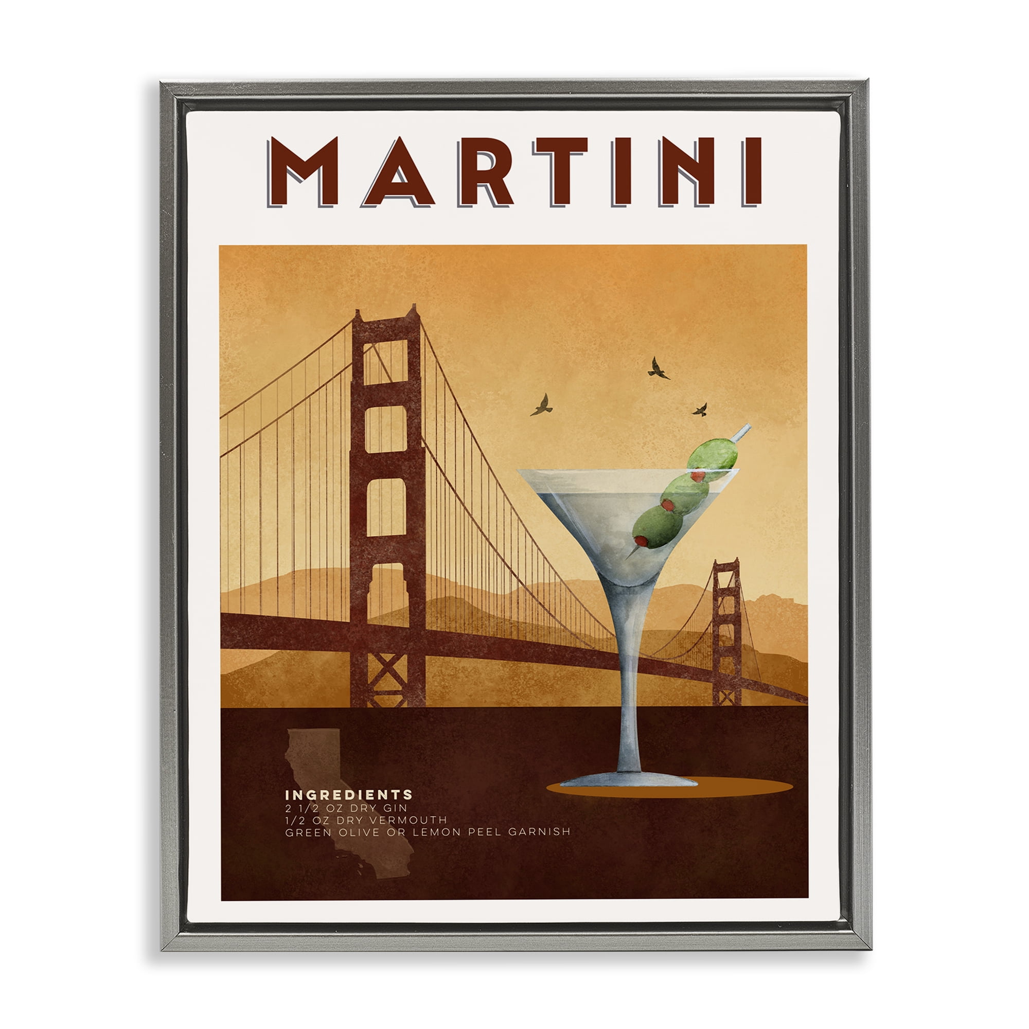 Retro Martini & Bridge View Gray Framed Floater Canvas Wall Art, design by Brett Blumenthal