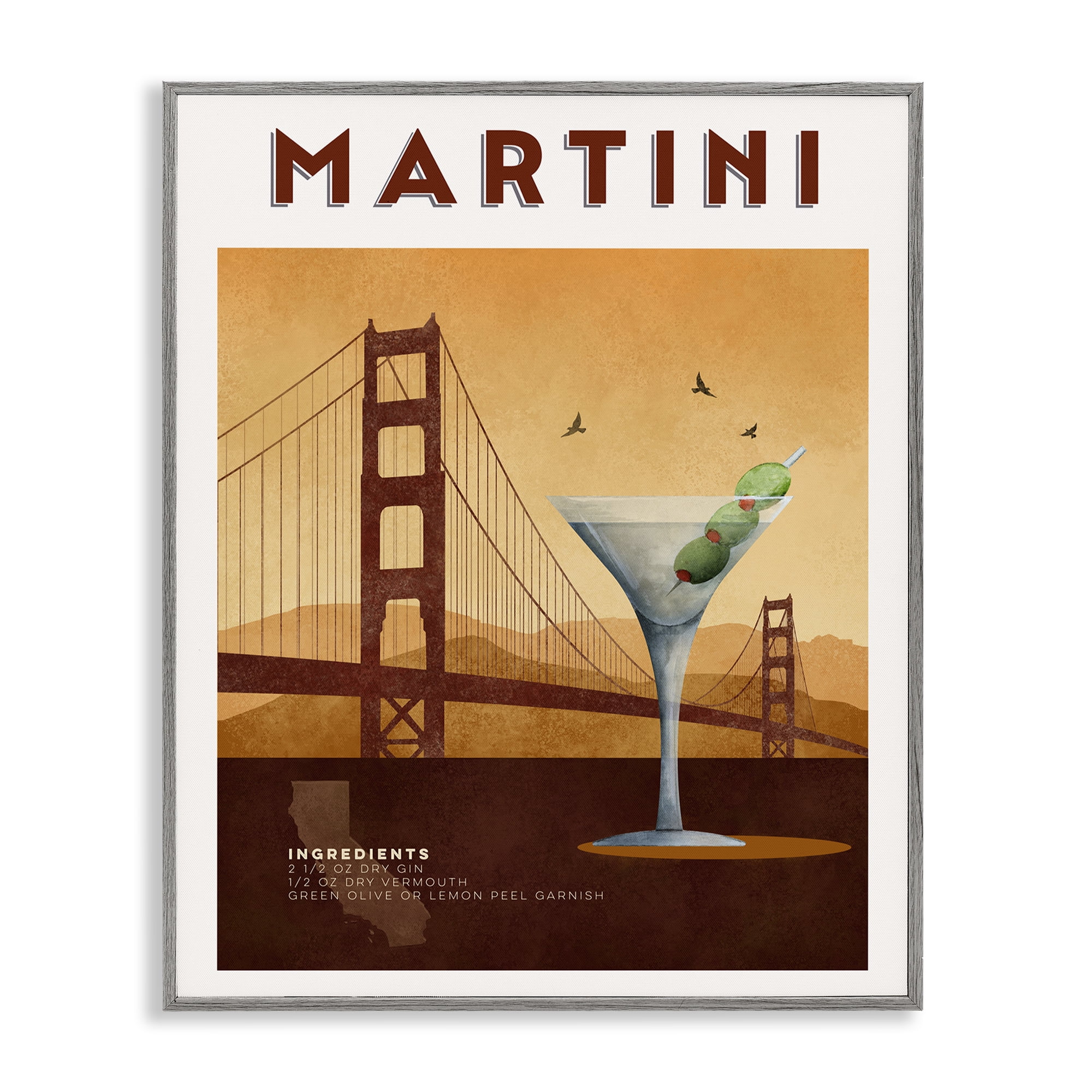Retro Martini & Bridge View Gray Framed Giclee Art, design by Brett Blumenthal