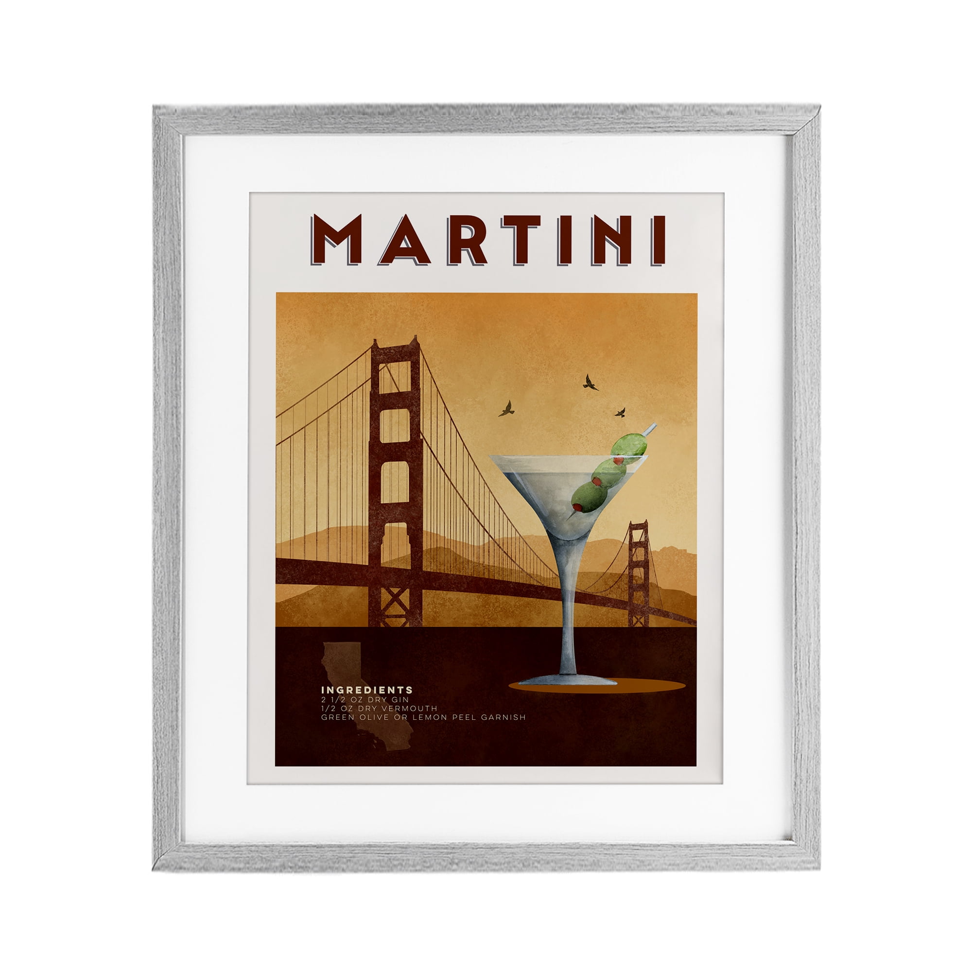 Retro Martini & Bridge View Gray Framed Print Under Glass, design by Brett Blumenthal