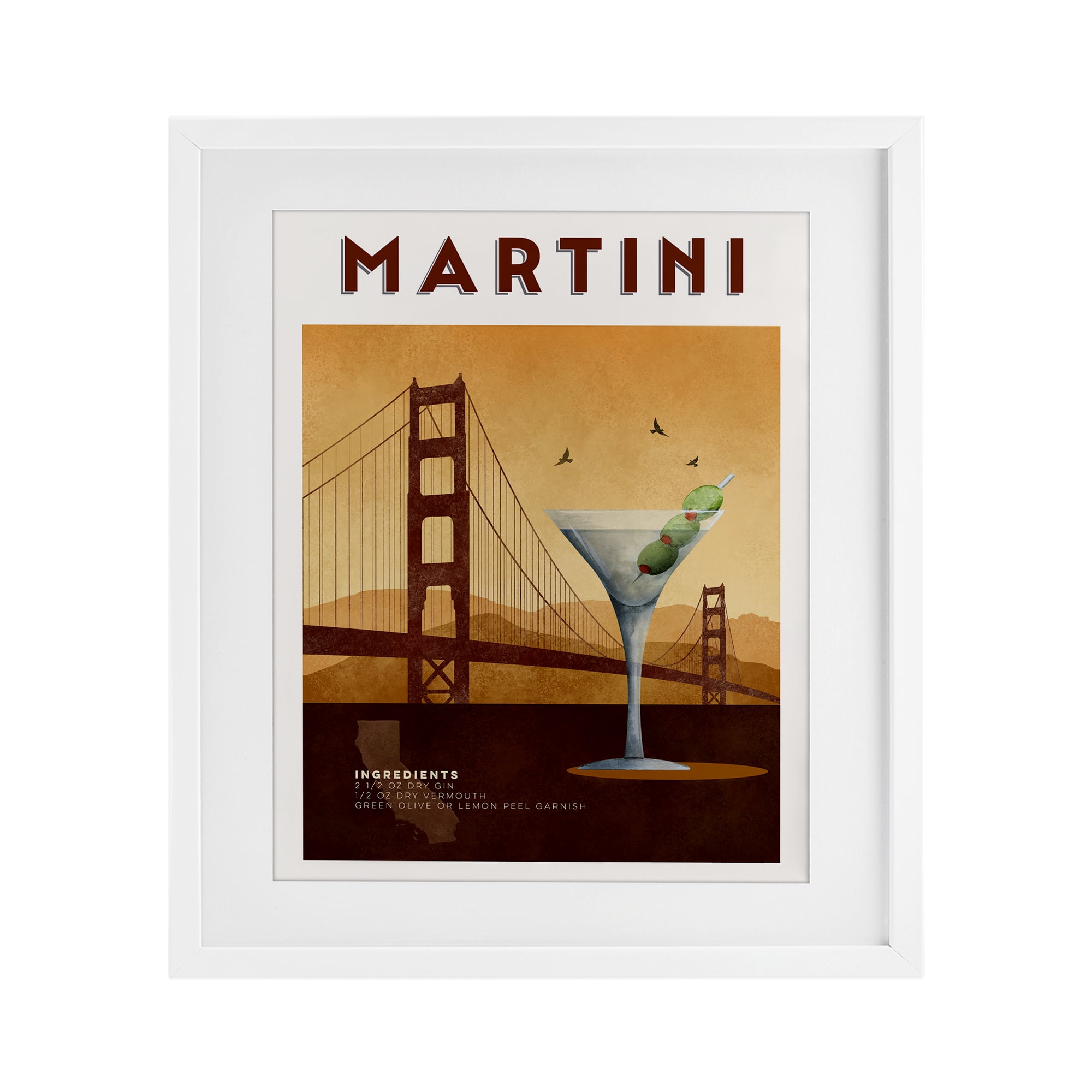 Retro Martini & Bridge View White Framed Print Under Glass, design by Brett Blumenthal