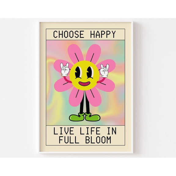 Retro Mascot Live Life In Full Bloom Print Funky 60s 70s Retro Cartoon Character Flower Po