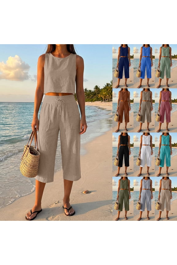 Retro Matching Set, Women's Sleeveless Round Neck Pullover and Coordinating Pants for Summer Casual Literary Fashion Outfit 2 Piece Pink 2XL