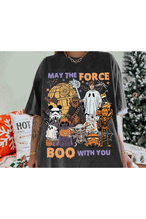 Retro May The Force Boo With You Star Wars Halloween T-shirt, Darth Vader R2D2 C3P0 Halloween Costume, Galaxy's Edge Hollywood Studios Gift