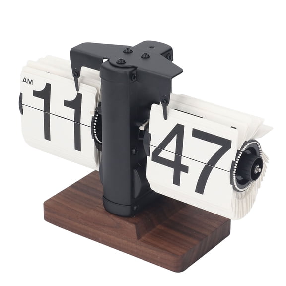 Retro Mechanical Auto Flip Desk Clock with Premium Walnut Wood Base (12 Hours / Single Sided / Battery Powered) 8.07 x 5.51 Inches Matte Black Frame White Pages