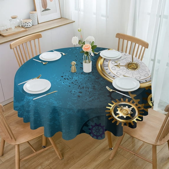 Retro Mechanical Gear Clock Blue Rectangular Tablecloth Dustproof Picnic Cloth Home Decoration Kitchen Waterproof Table Cover