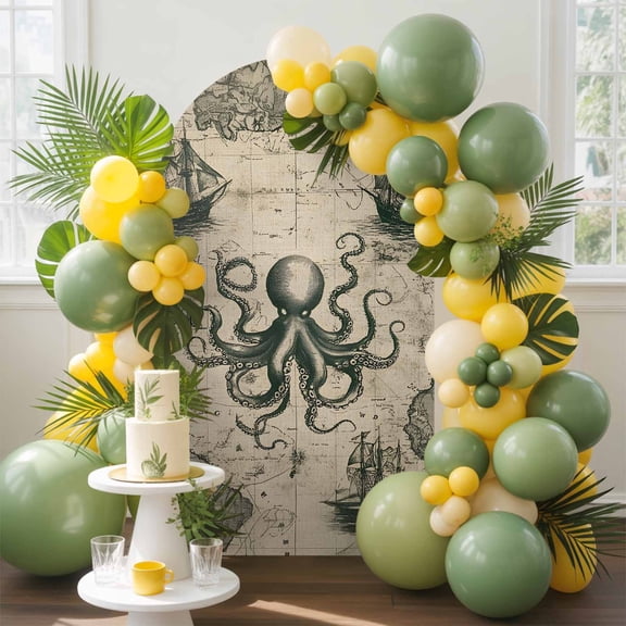 Retro Medieval Arch Backdrop Cover, 7.2FT, Map Octopus Nautical Spandex Arch Covers Double-Sided Backdrop for Wedding Birthday Party Photo Background Decoration