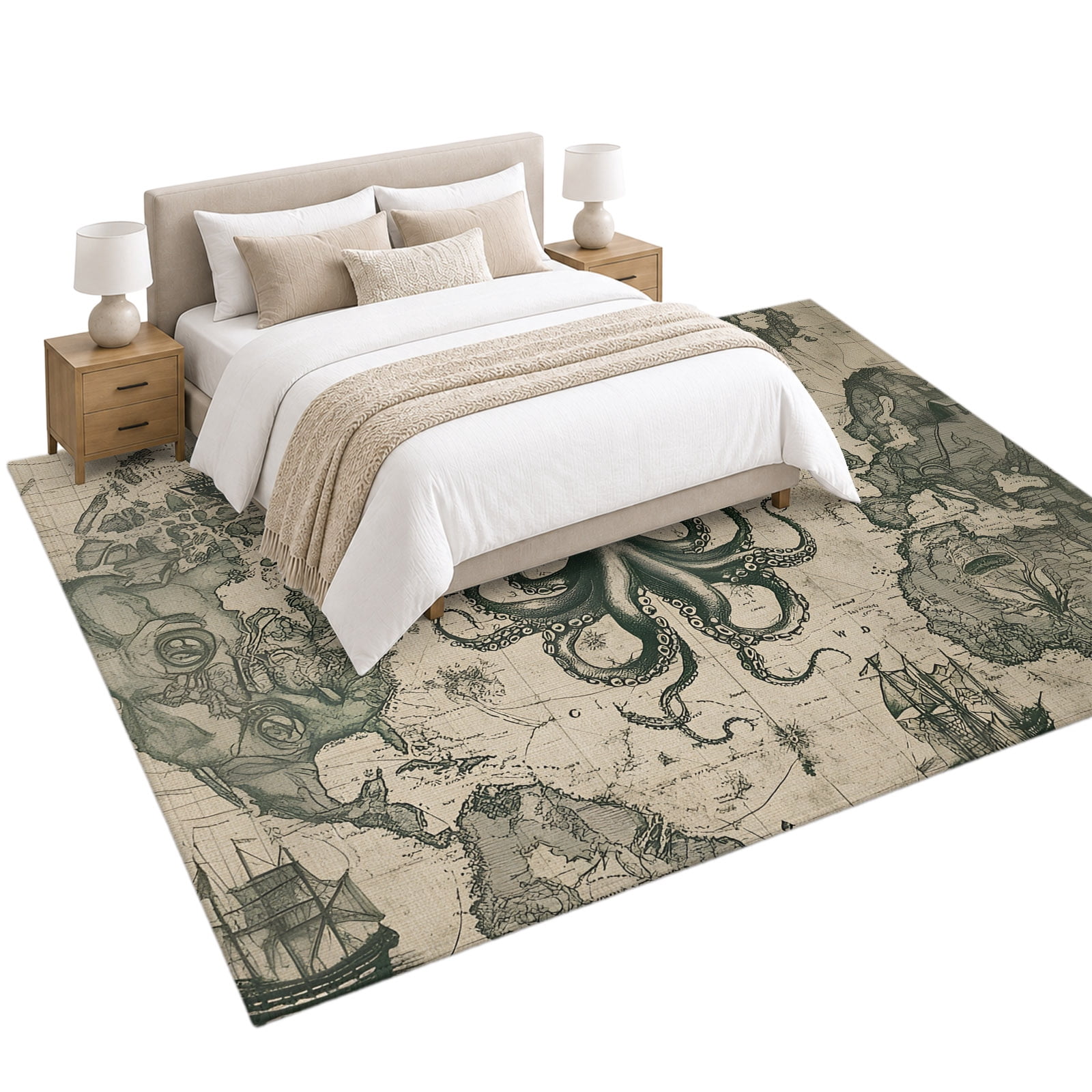 Retro Medieval Area Rug 6'x9', Map Octopus Soft Mat Non-Slip Silicone ...
