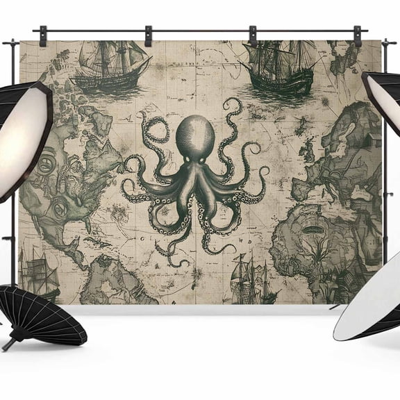 Retro Medieval Backdrop for Photography, Map Octopus Nautical Photo Backdrop Portrait Background Party Banner Photo Backgrounds for Studio Booth Props, 7x5ft