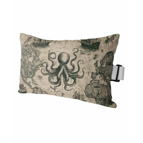 Retro Medieval Outdoor Head Resting Pillows with Insert Map Octopus 1 Pack Waterproof Lumbar Pillows with Adjustable Elastic Strap for Patio Recliner Chaise Beach Chair, 11"x16"