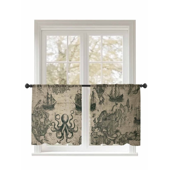 Retro Medieval Sheer Curtains 2 Panels Set Map Octopus Nautical Lihgt Filtering Rod Pocket Voile Drape, Semi Sheer Window Curtains for Bedroom Living Room, 52"x54"
