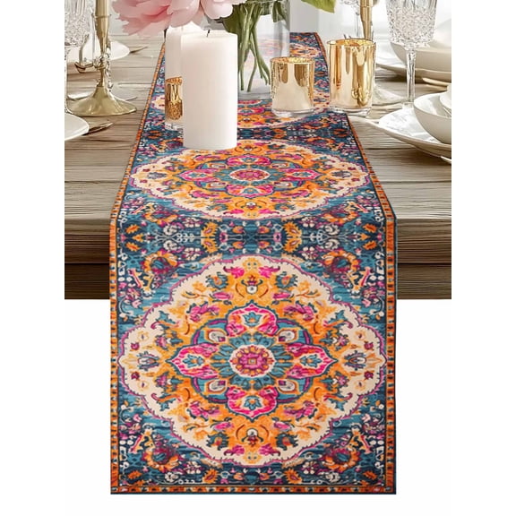 Retro Medieval Turkish Tattoos Table Runner-36 Inch Long Classic Boho Pattern Table Runners Linen Burlap Tablerunner for Kitchen Dining Room Holiday Party
