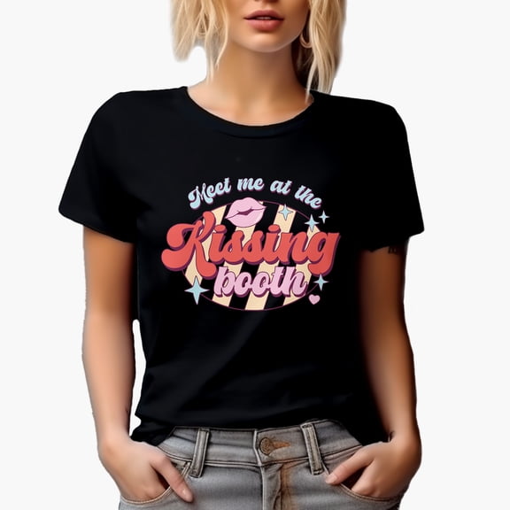 Retro Meet Me at the Kissing Booth, Valentine's Day Art Merch Gift, Black T-Shirt, Small