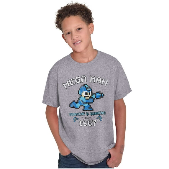 Retro Mega Man Running and Gunning Crewneck T Shirts Boy Girl Teen Brisco Brands L