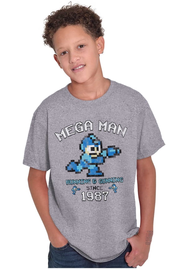 Retro Mega Man Running and Gunning Crewneck T Shirts Boy Girl Teen Brisco Brands X