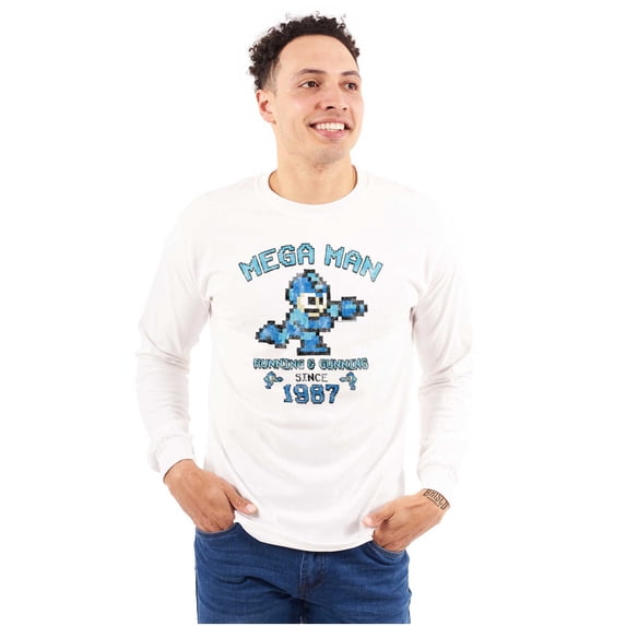 Retro Mega Man Running and Gunning Long Sleeve TShirt Men Women Brisco Brands X