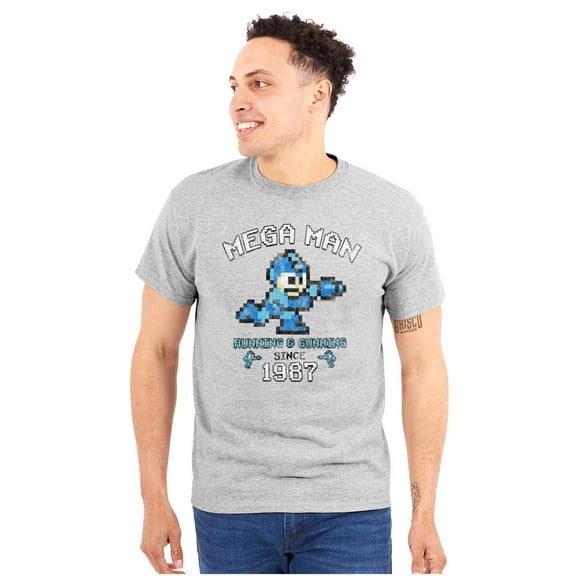 Retro Mega Man Running and Gunning Plus Size Crewneck Graphic Tee Shirt Brisco Brands 2X