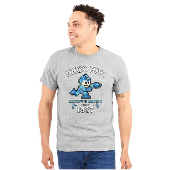 Retro Mega Man Running and Gunning Plus Size Crewneck Graphic Tee Shirt Brisco Brands 5X