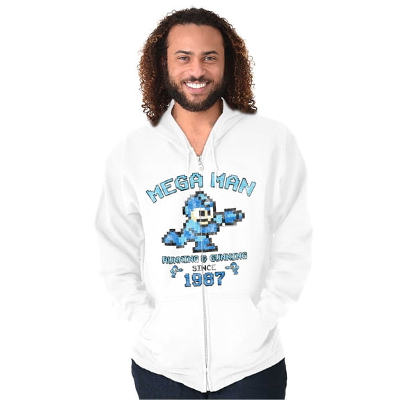 Retro Mega Man Running and Gunning Zip Up Hoodie Men's Women's Brisco Brands M