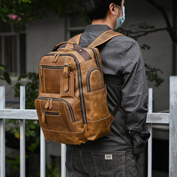 Retro Men's Backpack Cowhide Large Capacity 15-inch Computer Bag,Light Brown 1