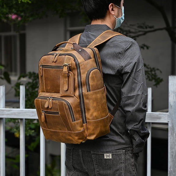 Retro Men's Backpack Cowhide Large Capacity 15-inch Computer Bag,Reddish Brown 1