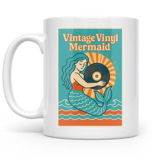 Retro Mermaid Vibe 11 oz Coffee Mug - For Vinyl Lovers White Ceramic Gift