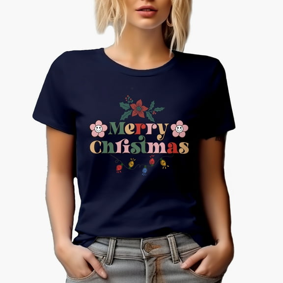 Retro Merry Christmas Flower Magical Holiday Season Gift Idea, Navy Blue T-Shirt, Small