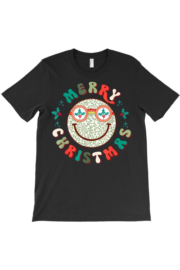 Retro Merry Christmas Funny Leopard Happy Face Pattern Trendy Holiday Graphic H39860 T-Shirt, for Men and Women, Up to Size 5XL