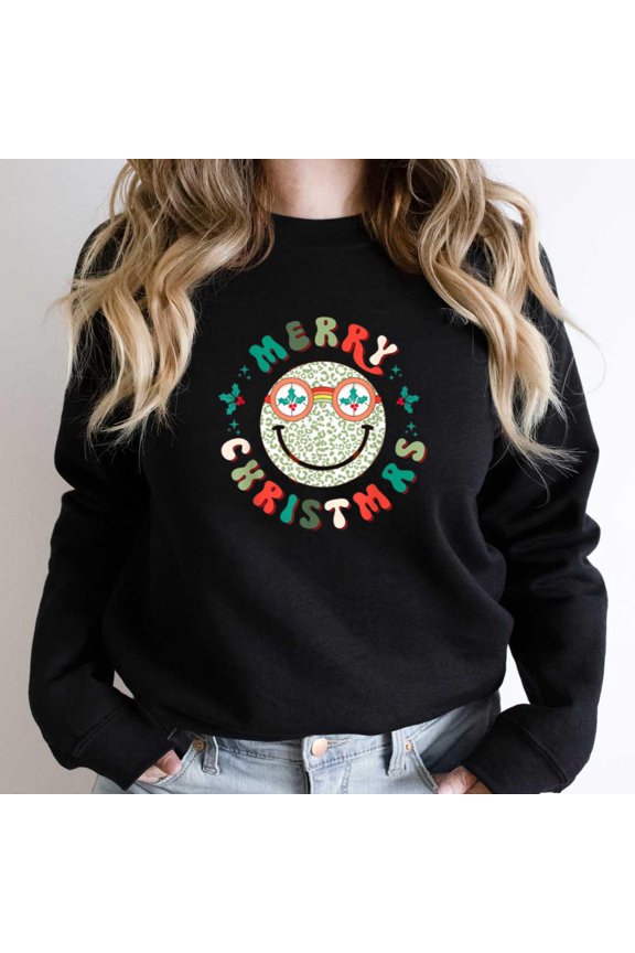 Retro Merry Christmas Funny Leopard Happy Face Pattern Trendy Holiday Graphic SW16482 Unisex Sweatshirt, Up to Size 5XL