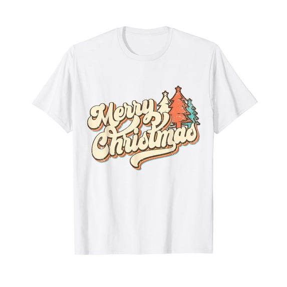 Retro Merry Christmas Happy Holiday Vintage Xmas Tree White T-Shirt