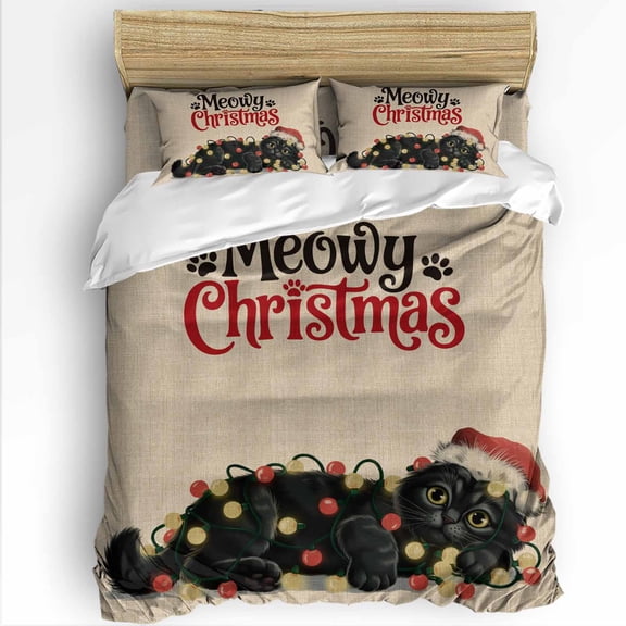 Retro Merry Christmas King Size Comforter Set, Black Cat with Red Hat Xmas Color Light Bedding for All Seasons, 4 Pcs Bed Set with 1Comforter (90"x106") ,1 Sheet(94"x116"), 2 Pillowcases (19"x35")