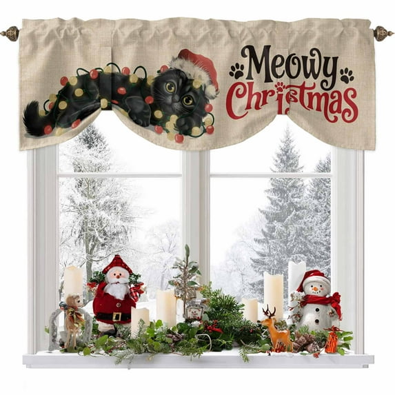 Retro Merry Christmas Tie Up Valances Curtain, Black Cat with Red Hat Xmas Color Light Adjustable Rod Pocket Short Window Treatment Tie Up Curtains Valances for Kitchen Living Room Bathroom 60x18 In