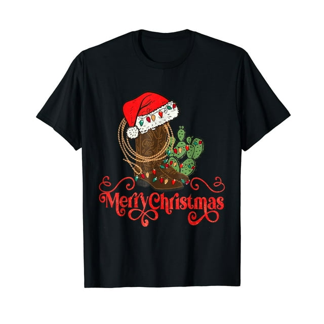 Retro Merry Xmas Santa Hat Cowboy Boots Western Christmas T-Shirt ...