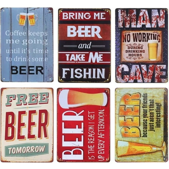 Retro Metal Beer Tin Sign Set of 6 Patio Metal Wall Decorations Vintage Beer Wall Plaque Retro Club Pub Bar Poster Decor 12"x8"/30x20cm