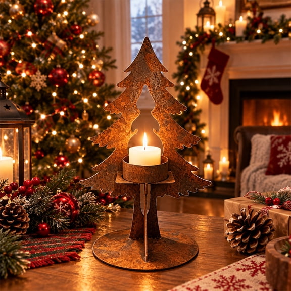 Retro Metal Christmas Tree Tealight Candle Holder, Rustic Cutout Iron Tree Candlestick, Freestanding Tabletop Candle Stand, Indoor Mantel Shelf Desktop Christmas Home Decoration