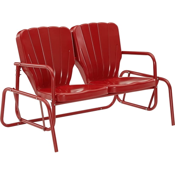 Retro Metal Outdoor Loveseat Glider, 2-Person Rocking Patio Bench for Porch, Bright Red Gloss