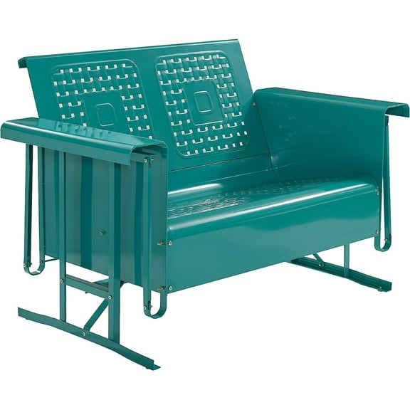 Retro Metal Outdoor Loveseat Glider, 2-Person Rocking Patio Bench for Porch, Deck, Turquoise Gloss