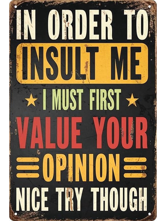 Retro Metal Sign Decor Vintage Plaque 8x12 in In Order to Insult Me I Must First Value Your Opinion Nice Try Though Funny Poster for Outdoor Garage Porch Cafe for Man Cave Wall Decor