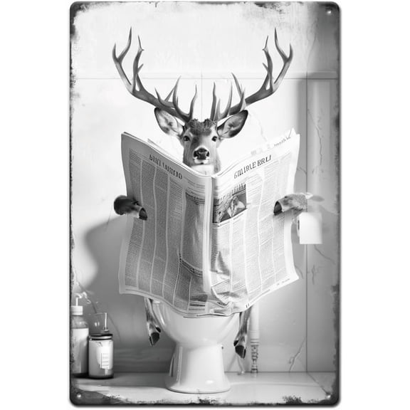 Retro Metal Sign: Deer Reads Newspaper - 30x20cm - Metallic - Wall Mount - Rectangular - Animal Theme - Indoor Home Decor Decorative Gift