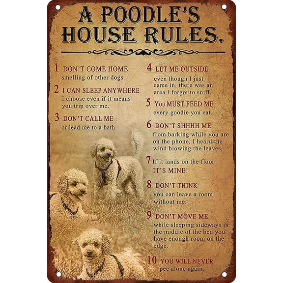 Retro Metal Signs Poodle's House Rules Poster Wall Art Retro for Office Cafe Kitchen Badroom Wall Hanging Signs (Aluminum) Size: 8 x 12 inch