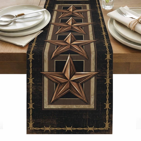 Retro Metal Star Cotton Linen Table Runner Brown Black Distressed Wire Plaid Geometric Dining Table Runners for Home Decor Party Dining Room Restaurant Kitchen Party 13" x 60"