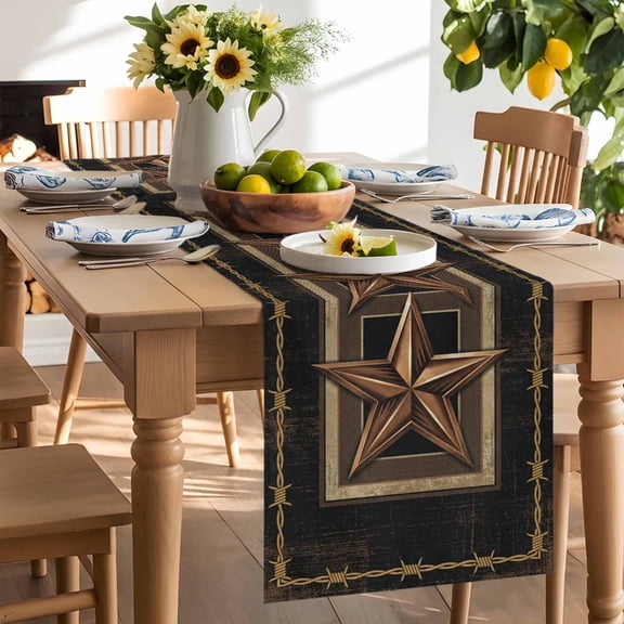 Retro Metal Star Table Runner, Brown Black Distressed Wire Plaid Geometric Washable Kitchen Table Runners Dress Scarves for Dining Table Decorations Party/Restaurant/Indoor Outdoor Use, 13x36in