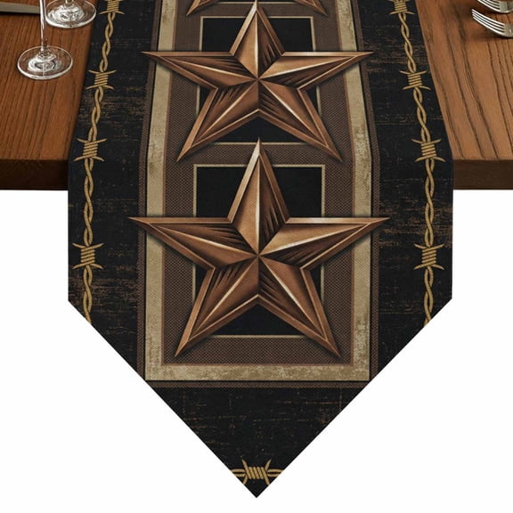 Retro Metal Star Table Runner for Dining Room, Brown Black Distressed Wire Plaid Geometric Cotton Linen Dining Table Runner Tablecloth Dresser Scarves for Kitchen Cafe 13x36 Inches Long