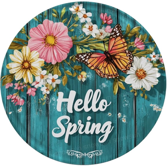 Retro Metal Tin Sign 8 X 8 Inches Round Metal Sign Hello Spring Flowers Retro Sign Aluminium Vintage Metal Tin Sign for Home Bar Yard Fence Door Outside Wall Decor