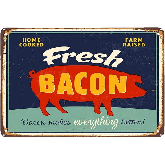 Retro Metal Tin Sign 8 x 12 Inch Bacon Delicious Home Cooked Pig Farm Raised Design Wall Decor for Bars Restaurants Cafes Pubs