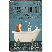 Retro Metal Tin Sign Basset Hound Dog And Bathtub Wash Your Paws Poster Wrapped Full Size Wall Metal Sign Vintage Retro Rustic Pub Wall Decor Art Room Decor Valentines Day Decor 8x12 inch